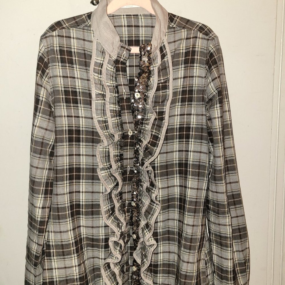 Aglini Plaid/Sequin/Ruffle Button Down Blouse - EU 40/US S